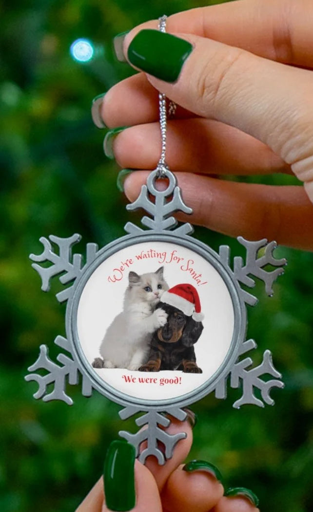 Cute Kitten and Puppy Christmas Pewter Snowflake Ornament