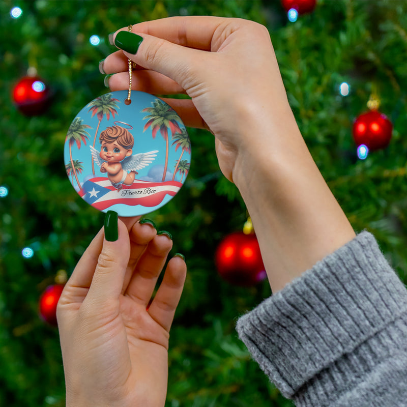 Puerto Rico Flag Cherub Ceramic Ornament,