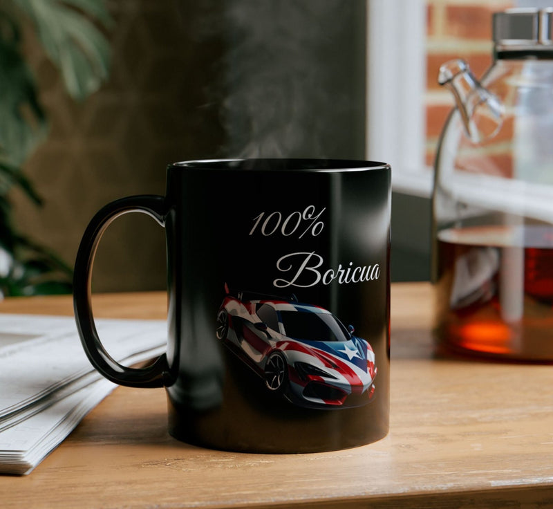 Personalized "100 % Boricua" Sports-car Black Mug 11oz -🇵🇷✨Puerto Rico flag -