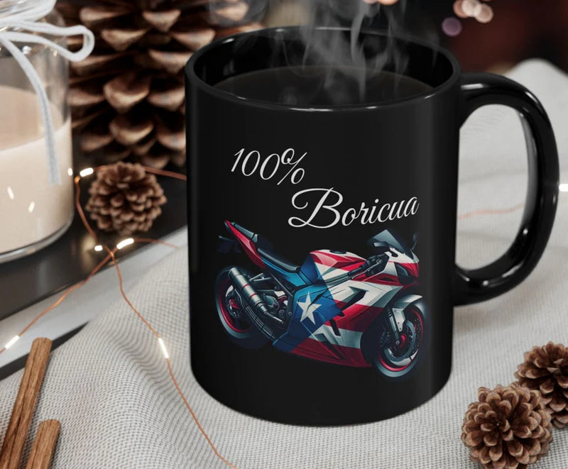 100% Boricua Motorcycle black ceramic Mug 11oz - 🇵🇷✨Puerto Rico Flag