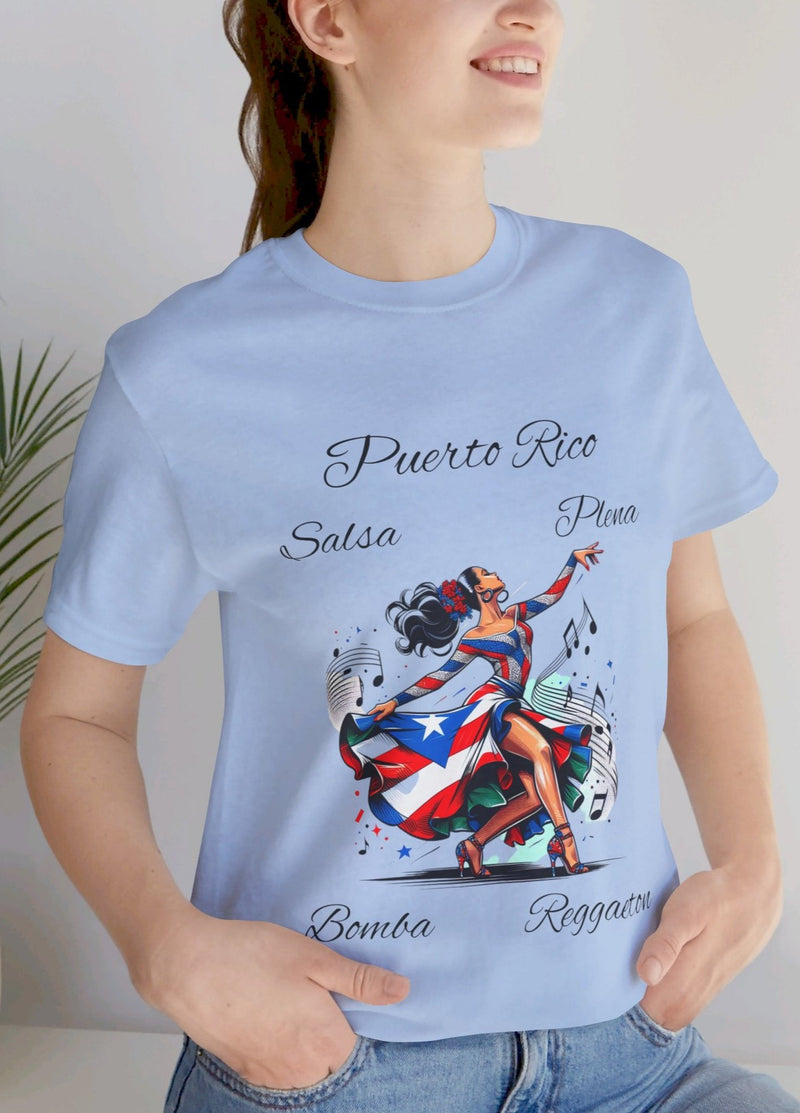 Puerto Rico "Salsa, Plena, Bomba, Reggaeton" Jersey Short Sleeve Tee - Puerto Rico Flag - Puertorriqueña - Puertorriqueño, Latin Music, Salsa Dancer