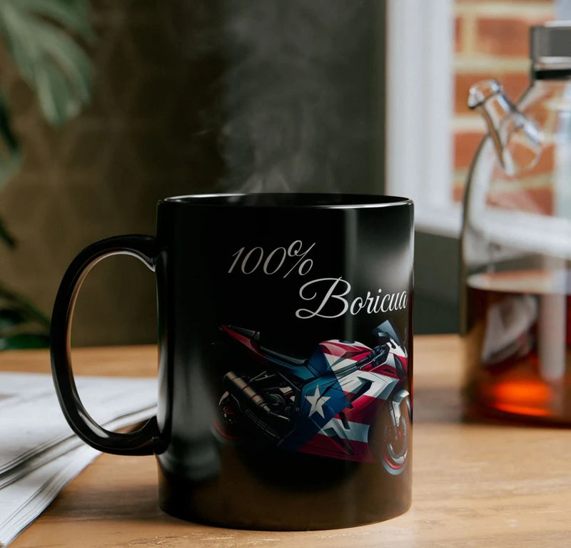 100% Boricua Motorcycle black ceramic Mug 11oz - 🇵🇷✨Puerto Rico Flag