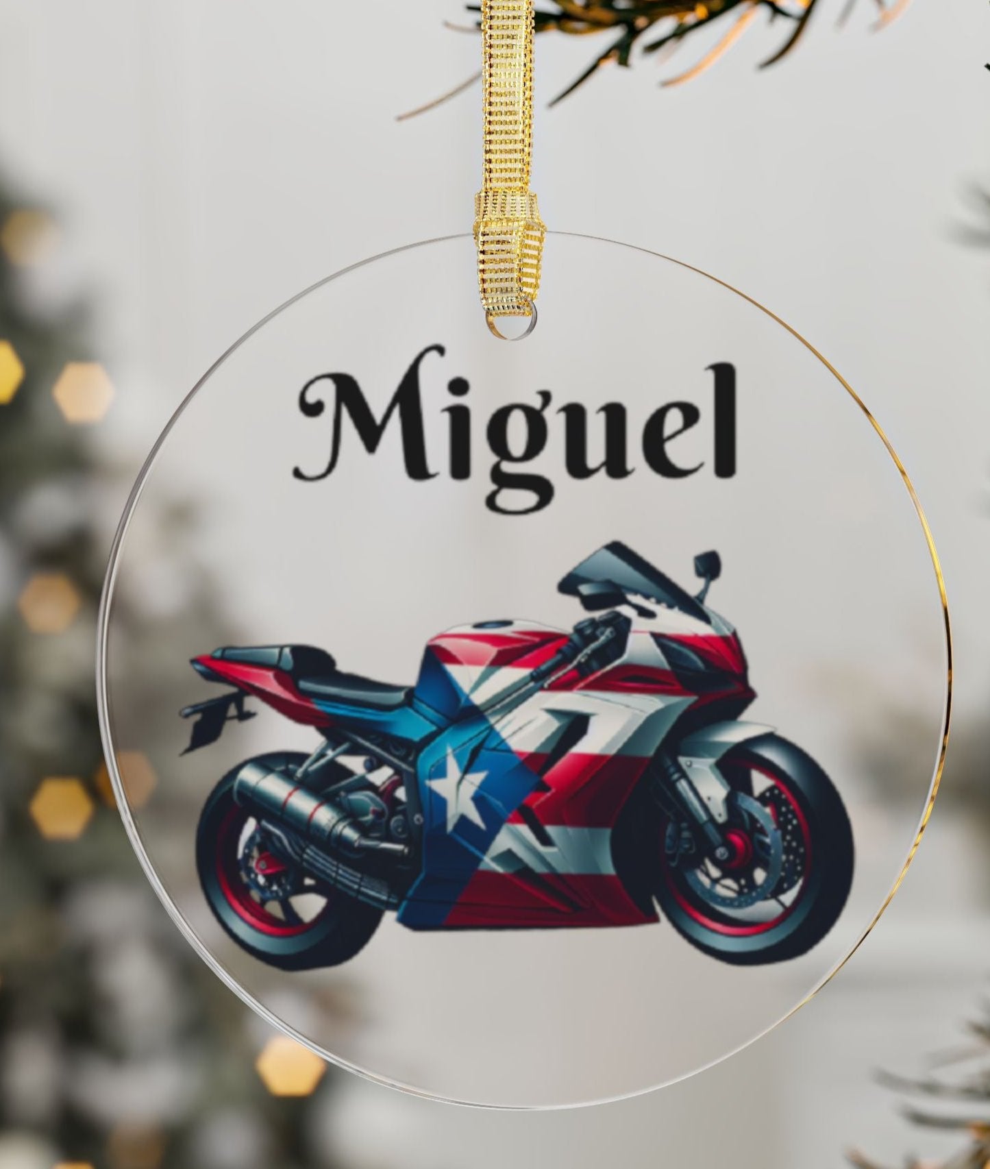 Personalized Motorcycle Acrylic Ornament - Puerto Rico Flag -Adorno de Navidad