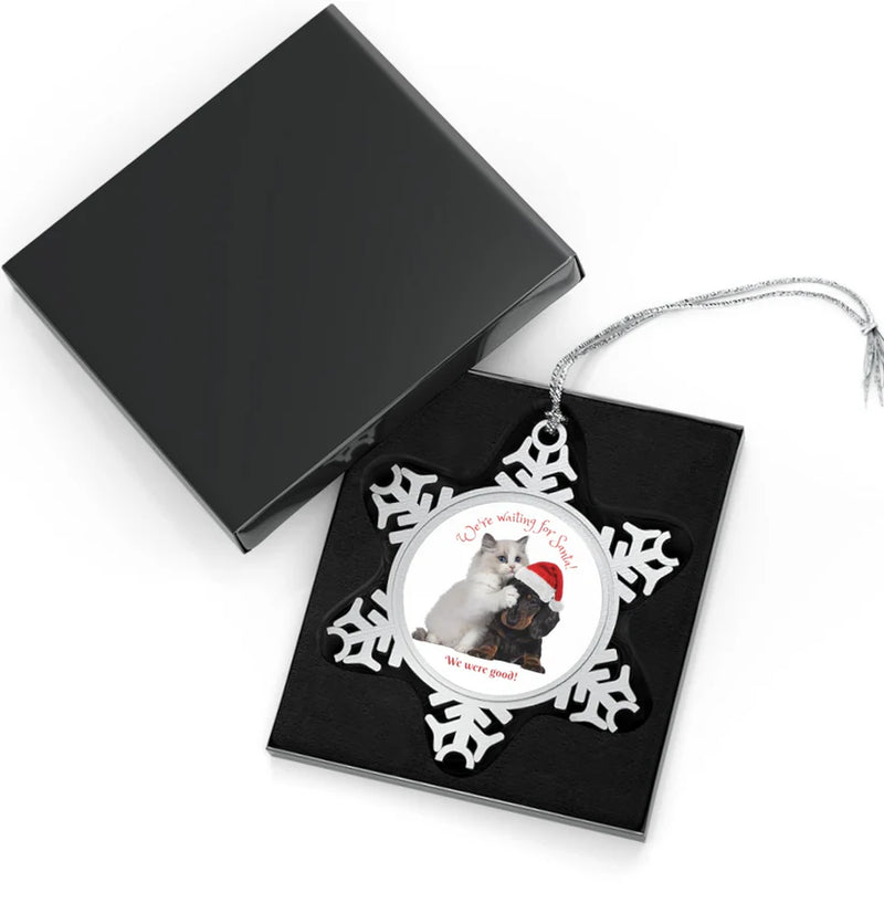 Cute Kitten and Puppy Christmas Pewter Snowflake Ornament