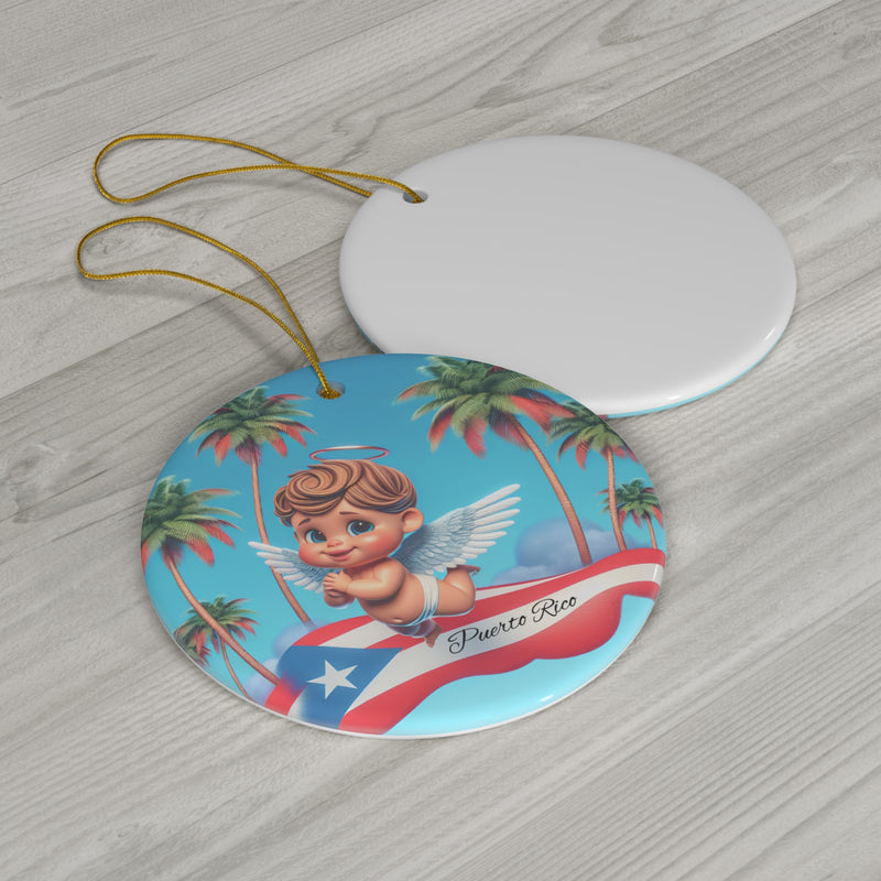 Puerto Rico Flag Cherub Ceramic Ornament,