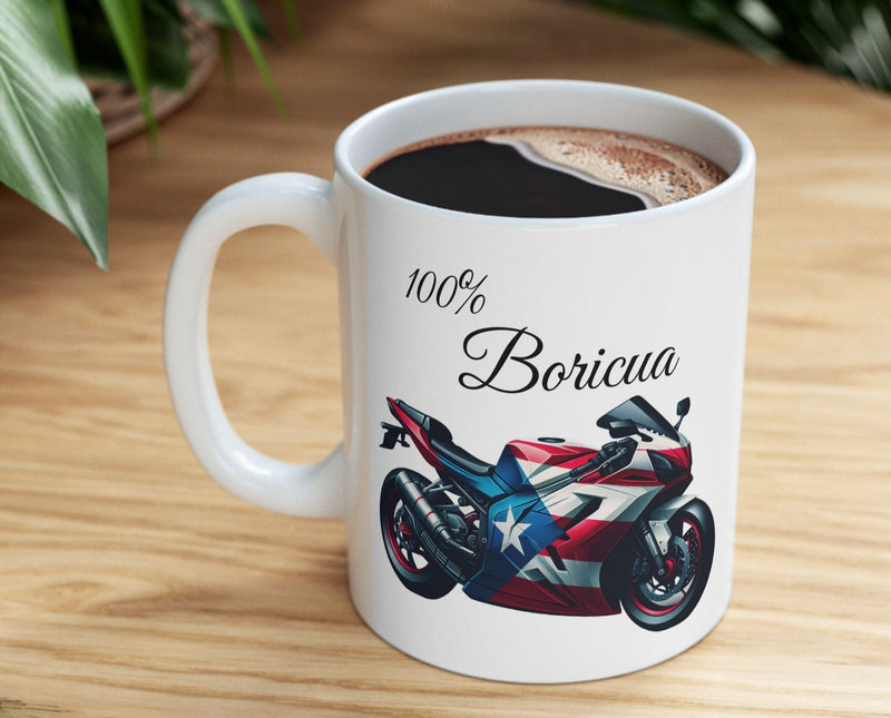 Personalized Motorcycle Boricua Mug - 11oz - Puerto Rico Flag Ceramic Mug - Boricua Motorcycle Mug - Puertorriqueño -Taza de café
