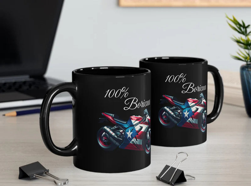 100% Boricua Motorcycle black ceramic Mug 11oz - 🇵🇷✨Puerto Rico Flag