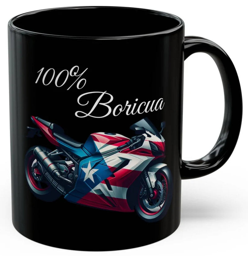 100% Boricua Motorcycle black ceramic Mug 11oz - 🇵🇷✨Puerto Rico Flag