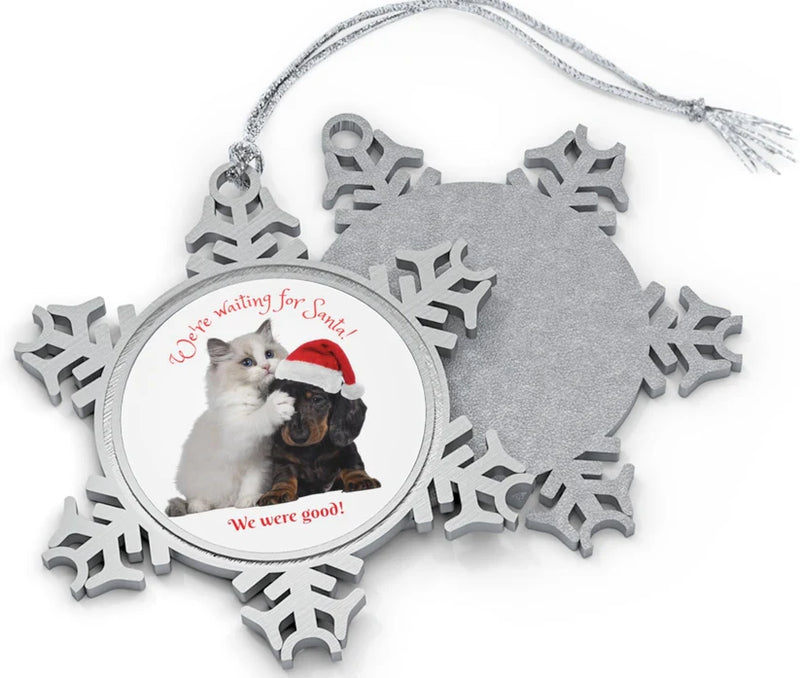 Cute Kitten and Puppy Christmas Pewter Snowflake Ornament