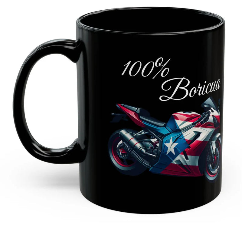 100% Boricua Motorcycle black ceramic Mug 11oz - 🇵🇷✨Puerto Rico Flag