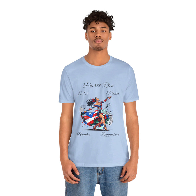 Puerto Rico "Salsa, Plena, Bomba, Reggaeton" Jersey Short Sleeve Tee - Puerto Rico Flag - Puertorriqueña - Puertorriqueño, Latin Music, Salsa Dancer