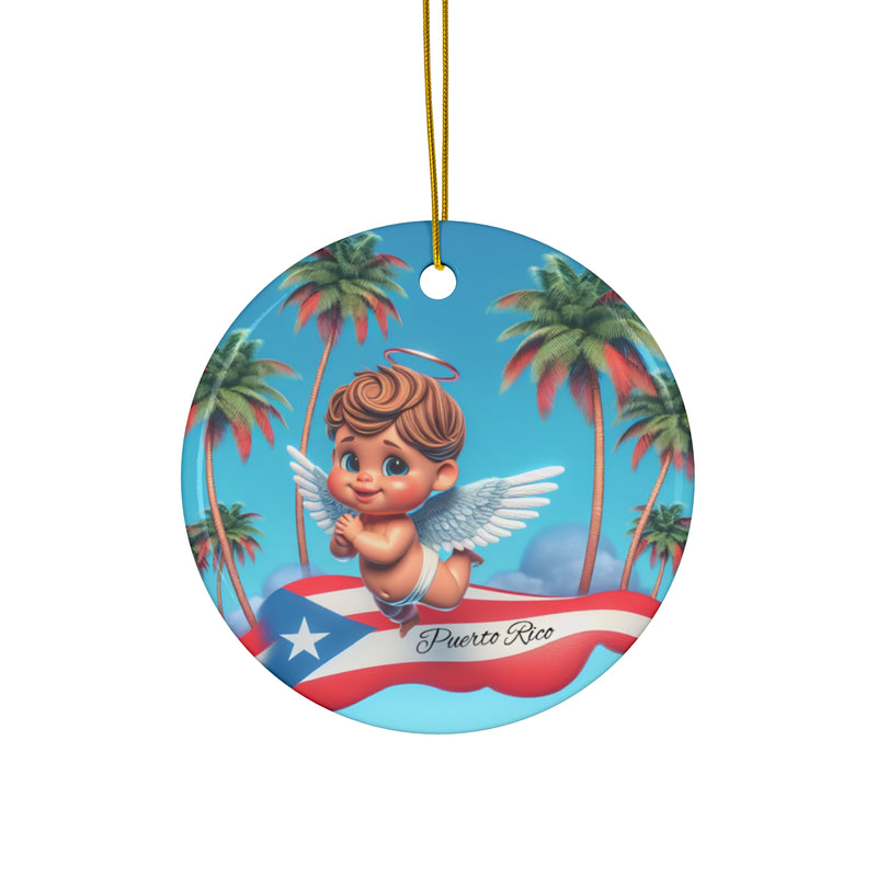 Puerto Rico Flag Cherub Ceramic Ornament,