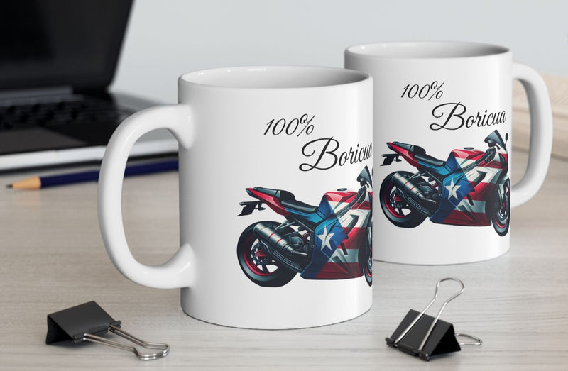 Puerto Rico Flag Ceramic Mug - Boricua Motorcycle 11oz Mug -Boricua Motorcycle Mug - Puertorriqueño -Taza de café