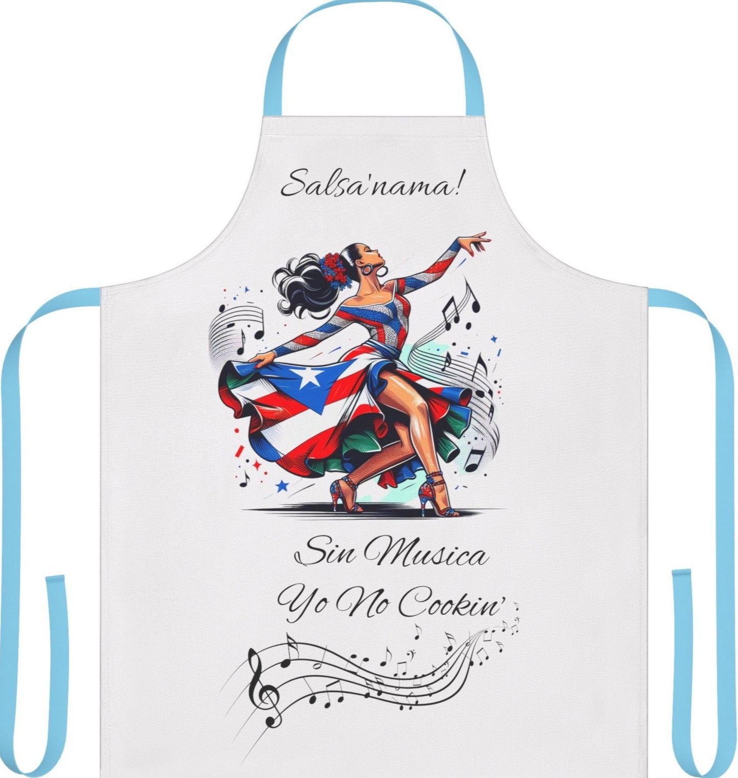 PUERTO RICO "SIN MUSICA YO NO COOKIN" APRON- DELANTAL, 5-Color Straps