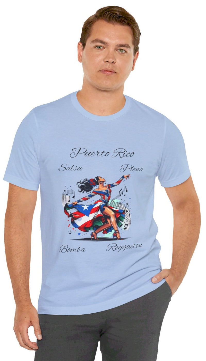 Puerto Rico "Salsa, Plena, Bomba, Reggaeton" Jersey Short Sleeve Tee - Puerto Rico Flag - Puertorriqueña - Puertorriqueño, Latin Music, Salsa Dancer