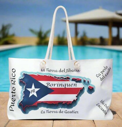 "Puerto Rico Map Oversized Weekender Tote" - La Tierra del Jibarito/Boricua - Bolsa Grande, Puerto Rico Flag, Latina Bag, Latino Bag, Bolsa para la playa, bulto para viaje. Boricua.