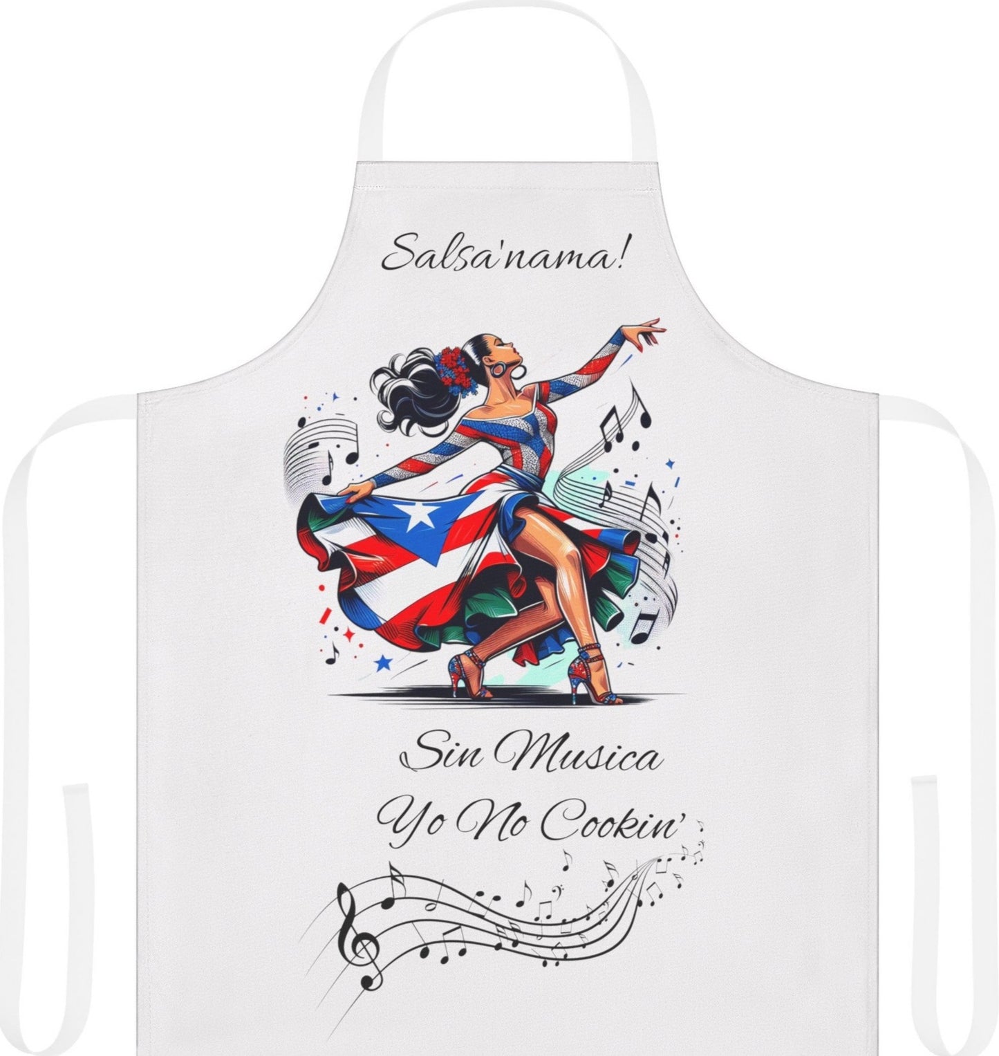 PUERTO RICO "SIN MUSICA YO NO COOKIN" APRON- DELANTAL, 5-Color Straps