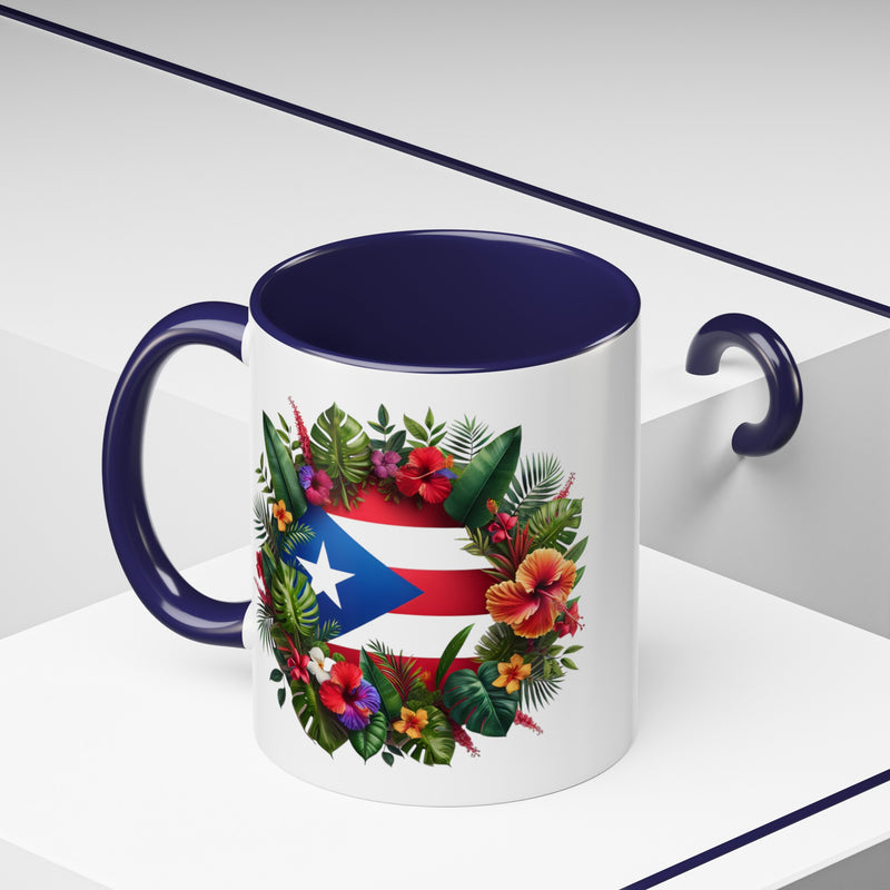 Puerto Rico Flag🇵🇷Map Floral Accent Coffee Mug (11oz)