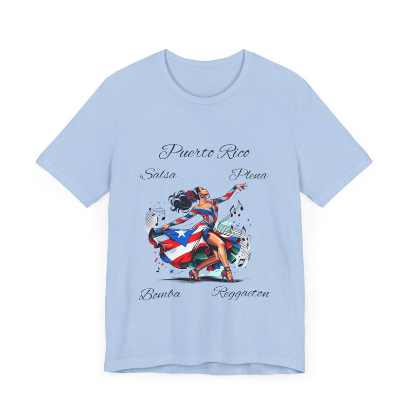 Puerto Rico "Salsa, Plena, Bomba, Reggaeton" Jersey Short Sleeve Tee - Puerto Rico Flag - Puertorriqueña - Puertorriqueño, Latin Music, Salsa Dancer