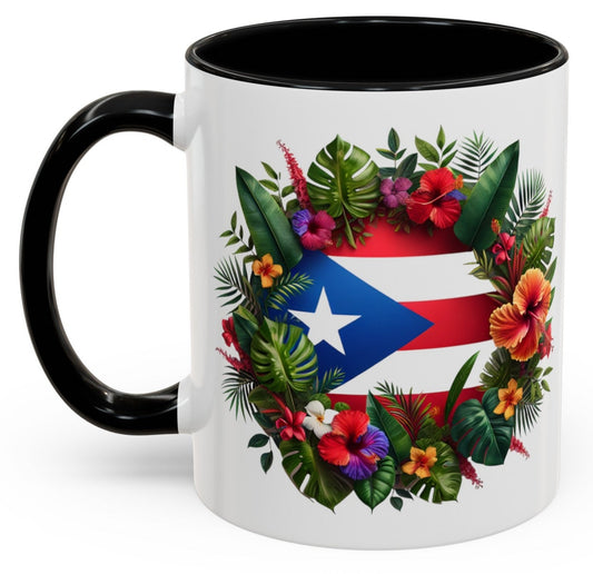 Puerto Rico Flag🇵🇷Map Floral Accent Coffee Mug (11oz)