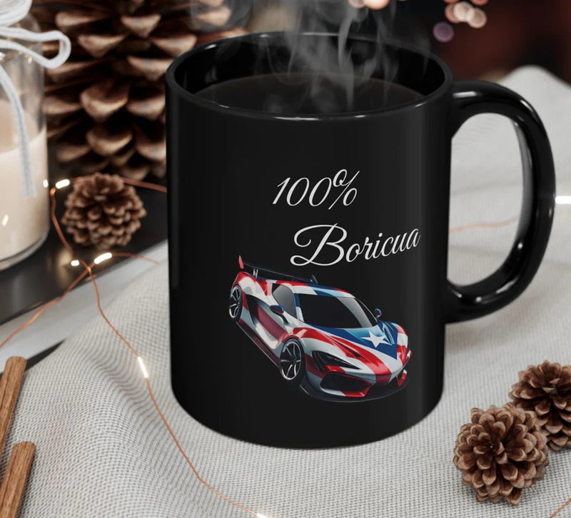 100 % Boricua Sports-car Black Mug 11oz -🇵🇷✨Puerto Rico flag -