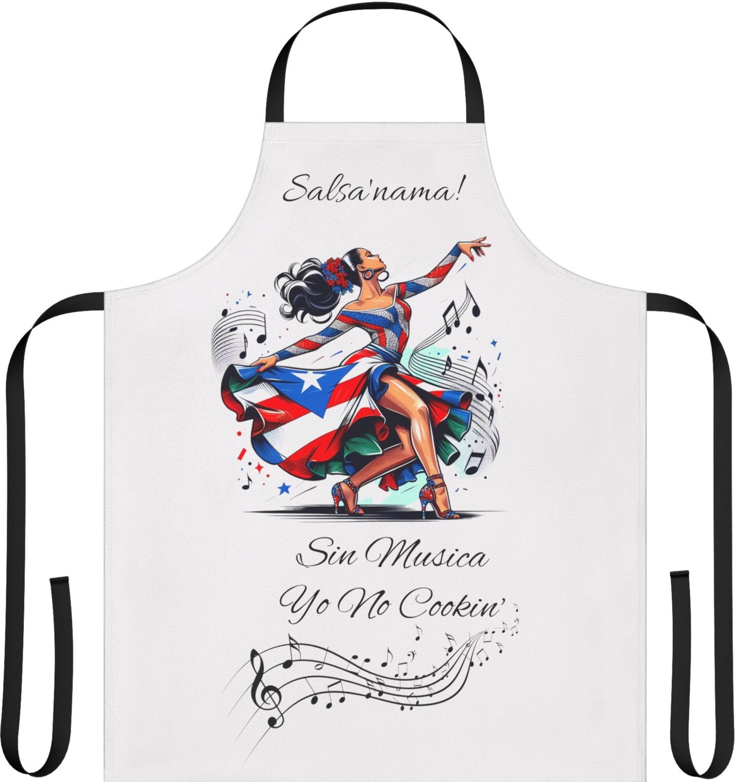 PUERTO RICO "SIN MUSICA YO NO COOKIN" APRON- DELANTAL, 5-Color Straps