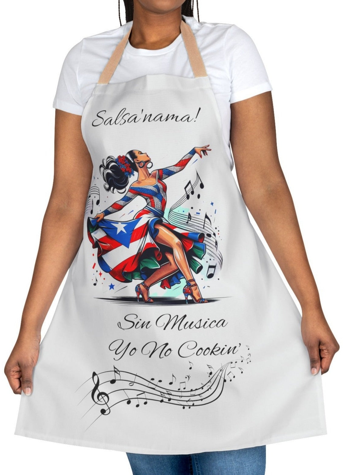 PUERTO RICO "SIN MUSICA YO NO COOKIN" APRON- DELANTAL, 5-Color Straps