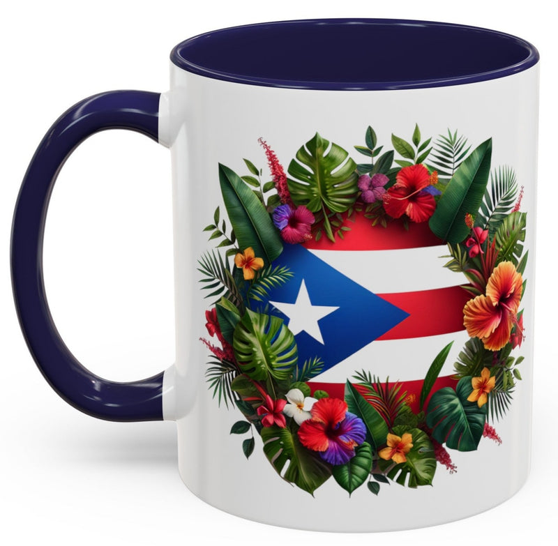 Puerto Rico Flag🇵🇷Map Floral Accent Coffee Mug (11oz)