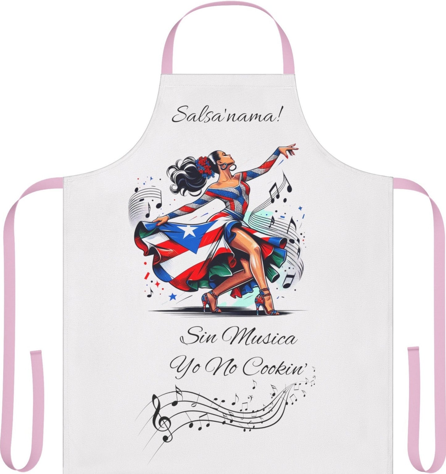 PUERTO RICO "SIN MUSICA YO NO COOKIN" APRON- DELANTAL, 5-Color Straps