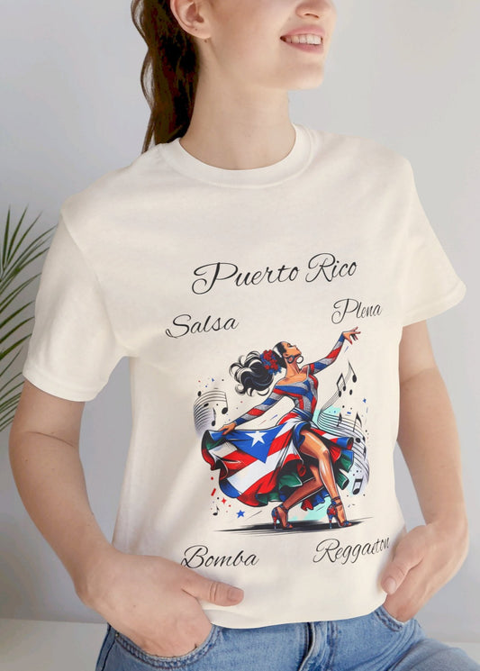 Puerto Rico "Salsa, Plena, Bomba, Reggaeton" Jersey Short Sleeve Tee - Puerto Rico Flag - Puertorriqueña - Puertorriqueño, Latin Music, Salsa Dancer