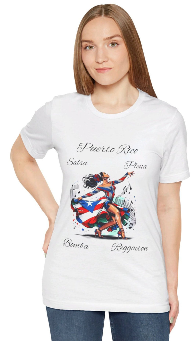 Puerto Rico "Salsa, Plena, Bomba, Reggaeton" Jersey Short Sleeve Tee - Puerto Rico Flag - Puertorriqueña - Puertorriqueño, Latin Music, Salsa Dancer