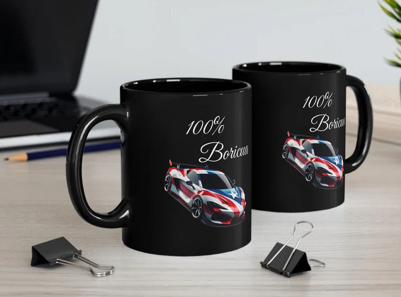 100 % Boricua Sports-car Black Mug 11oz -🇵🇷✨Puerto Rico flag -