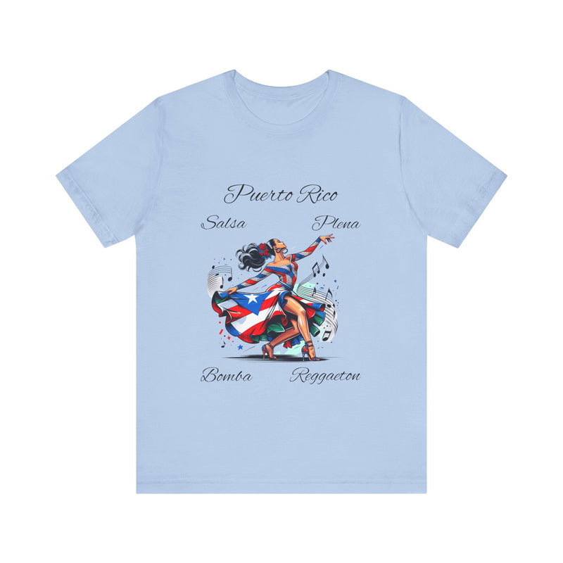 Puerto Rico "Salsa, Plena, Bomba, Reggaeton" Jersey Short Sleeve Tee - Puerto Rico Flag - Puertorriqueña - Puertorriqueño, Latin Music, Salsa Dancer