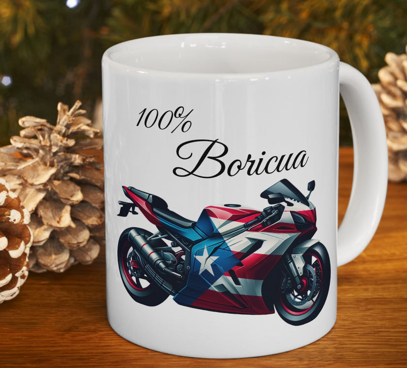 Puerto Rico Flag Ceramic Mug - Boricua Motorcycle 11oz Mug -Boricua Motorcycle Mug - Puertorriqueño -Taza de café