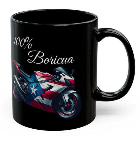 100% Boricua Motorcycle black ceramic Mug 11oz - 🇵🇷✨Puerto Rico Flag