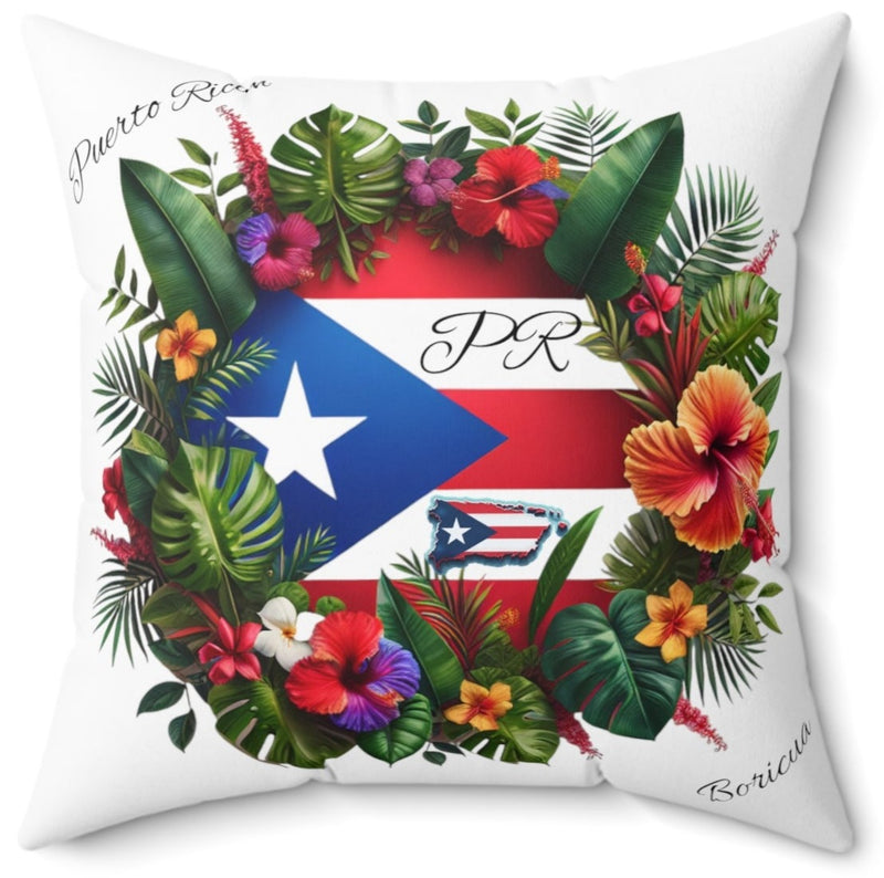 PUERTO RICO FLAG & MAP Floral Polyester Square Pillow