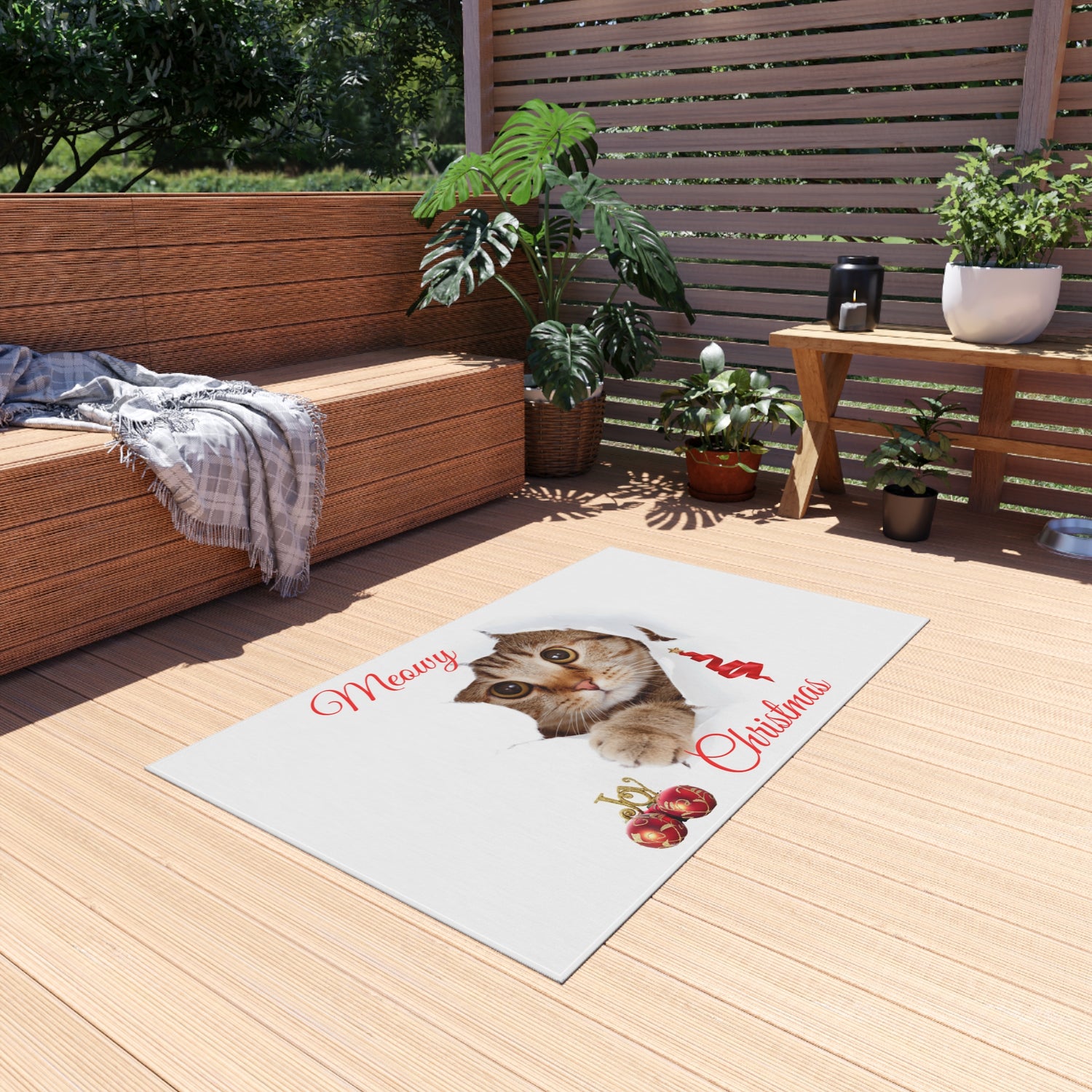 Peeking Christmas Kitty Cat Outdoor Rug