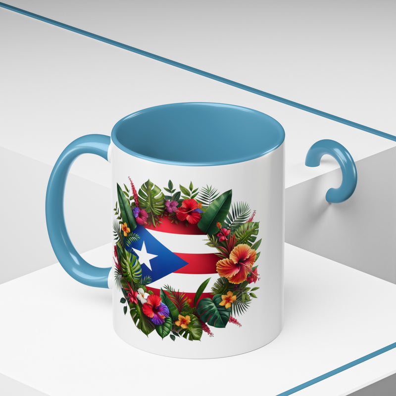 Puerto Rico Flag🇵🇷Map Floral Accent Coffee Mug (11oz)