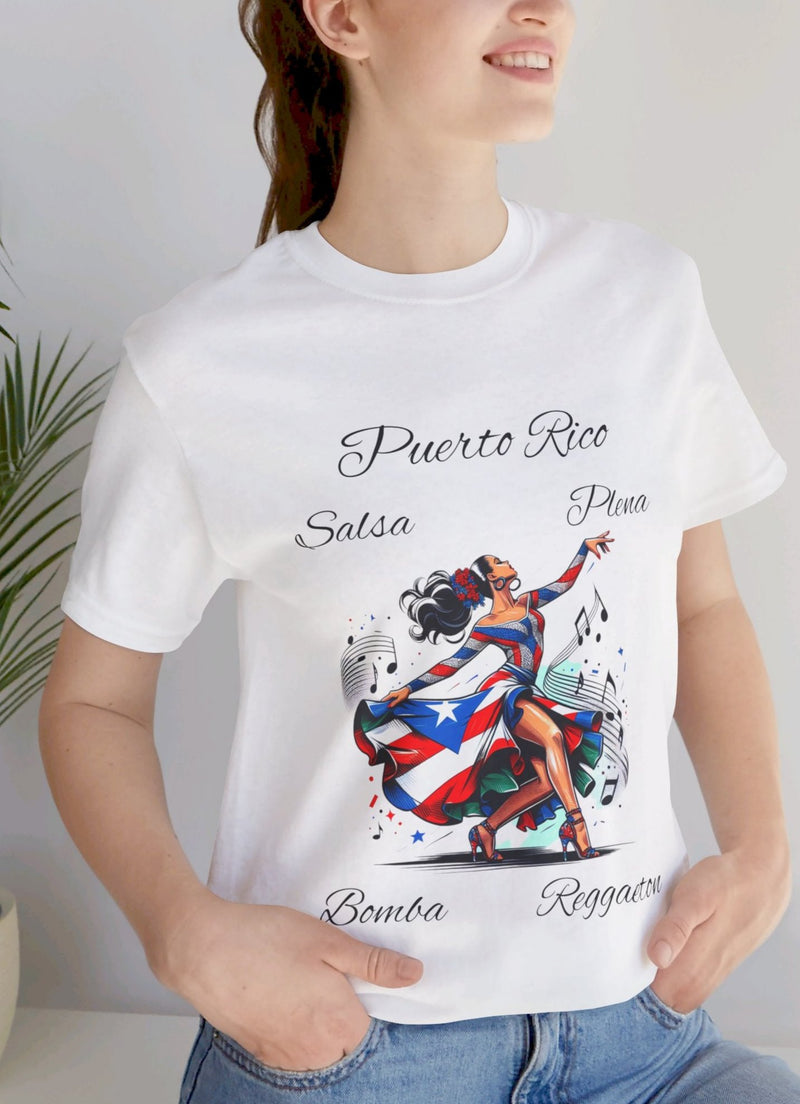 Puerto Rico "Salsa, Plena, Bomba, Reggaeton" Jersey Short Sleeve Tee - Puerto Rico Flag - Puertorriqueña - Puertorriqueño, Latin Music, Salsa Dancer