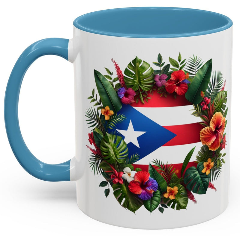 Puerto Rico Flag🇵🇷Map Floral Accent Coffee Mug (11oz)