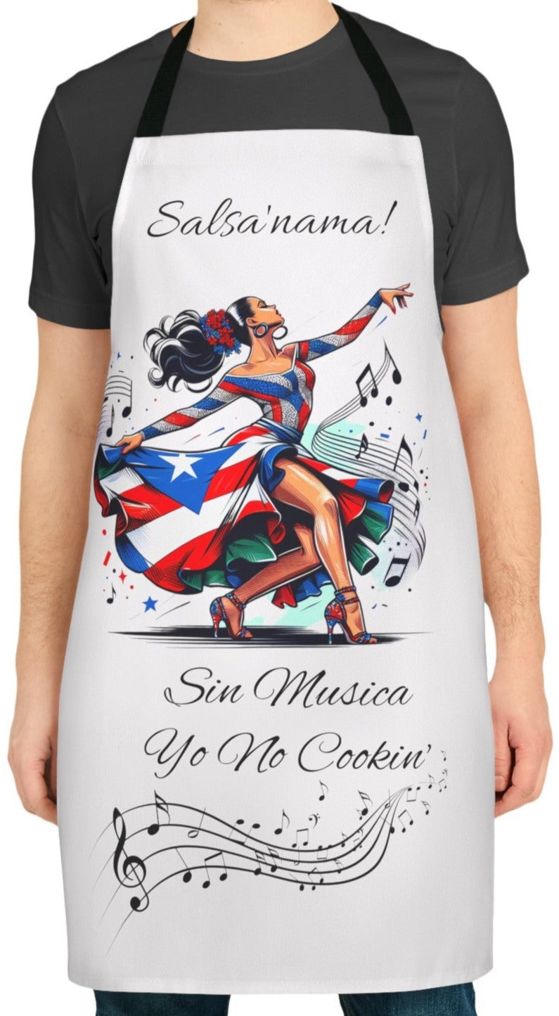 PUERTO RICO "SIN MUSICA YO NO COOKIN" APRON- DELANTAL, 5-Color Straps