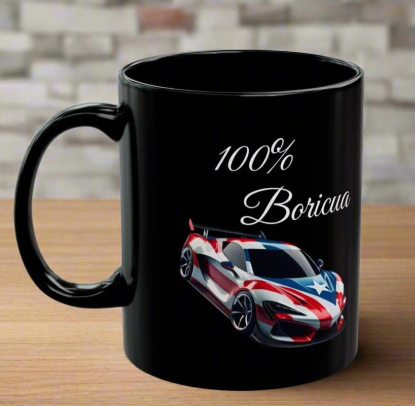 Personalized "100 % Boricua" Sports-car Black Mug 11oz -🇵🇷✨Puerto Rico flag -