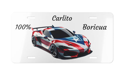 Personalized Vanity Plate - 100% Boricua Puerto Rico Flag Sports Car Design Aluminum License Plate