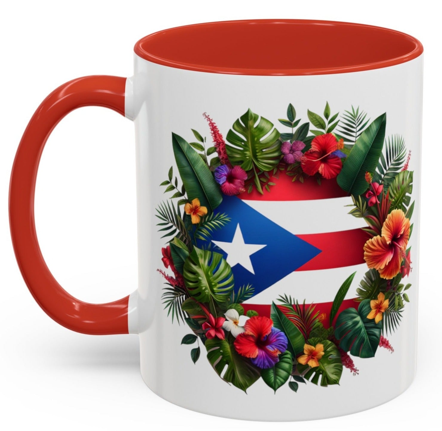 Puerto Rico Flag🇵🇷Map Floral Accent Coffee Mug (11oz)