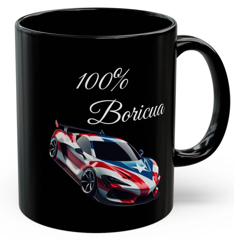 100 % Boricua Sports-car Black Mug 11oz -🇵🇷✨Puerto Rico flag -