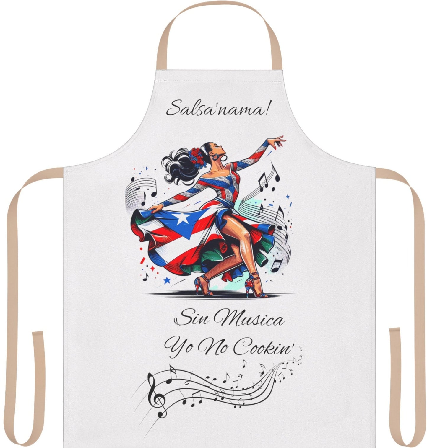 PUERTO RICO "SIN MUSICA YO NO COOKIN" APRON- DELANTAL, 5-Color Straps