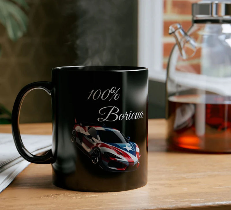 100 % Boricua Sports-car Black Mug 11oz -🇵🇷✨Puerto Rico flag -