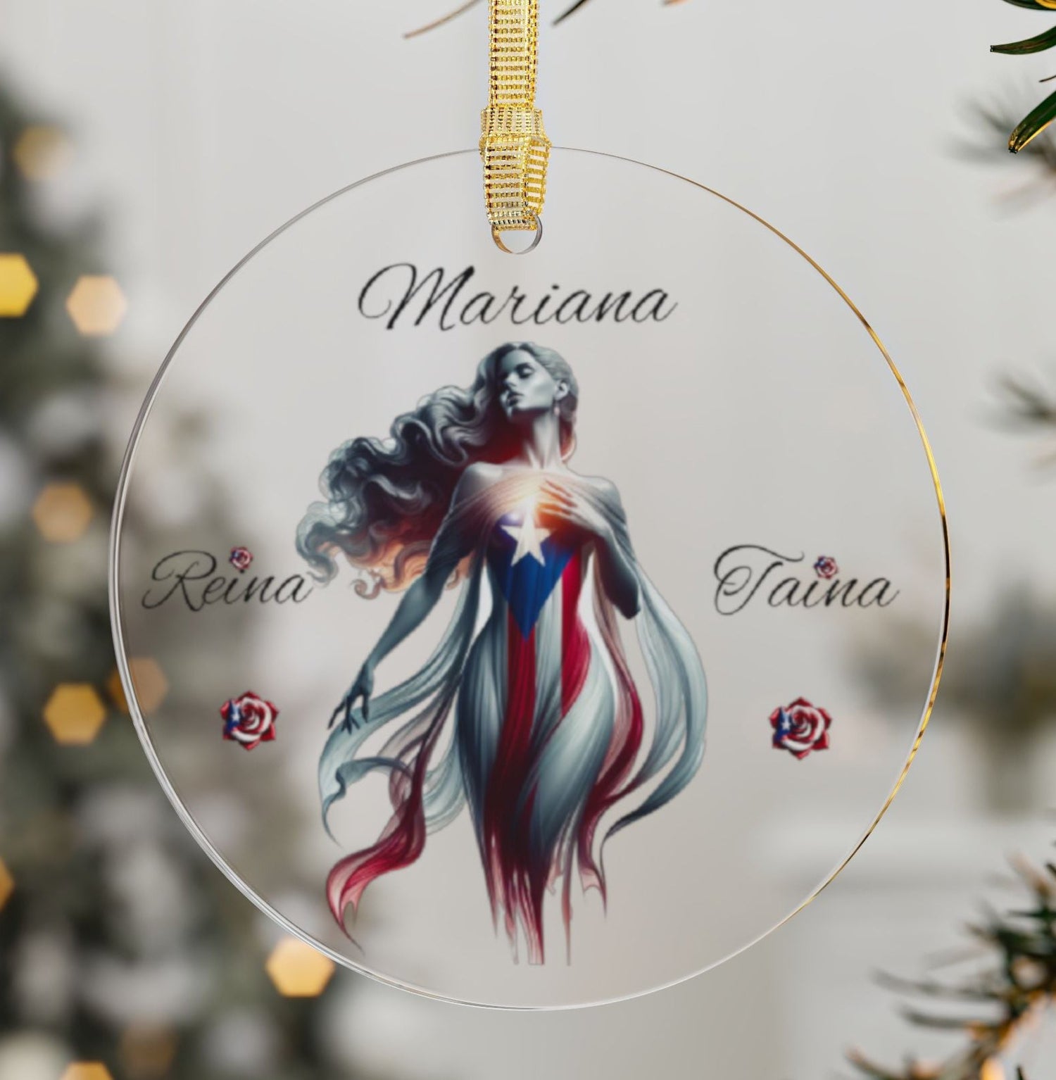 Personalized Puerto Rican Reina Taína Acrylic Ornament -Puerto Rico flag - Latina, Latino,Reina Taína" - Christmas ornament - Adorno de Navidad