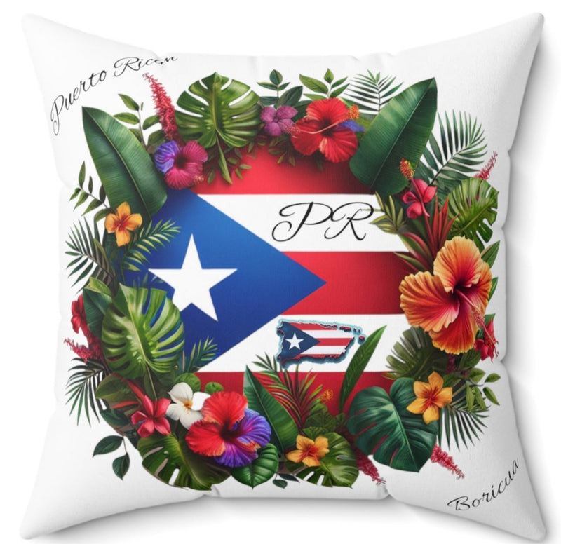 PUERTO RICO FLAG & MAP Floral Polyester Square Pillow