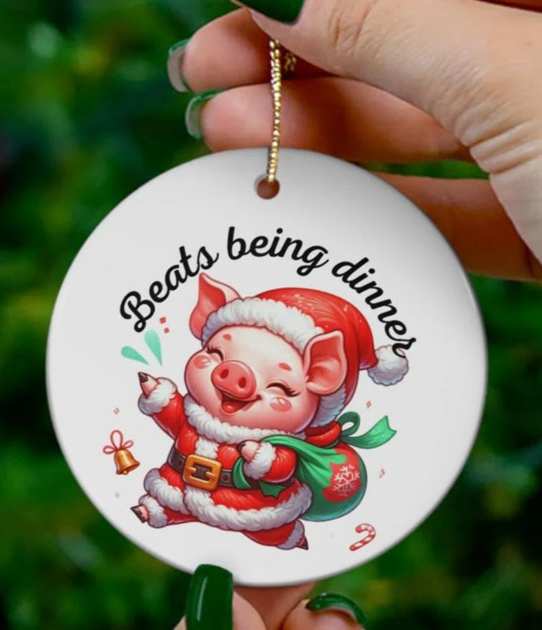 Christmas Santa Hog/Pig Ceramic Ornament